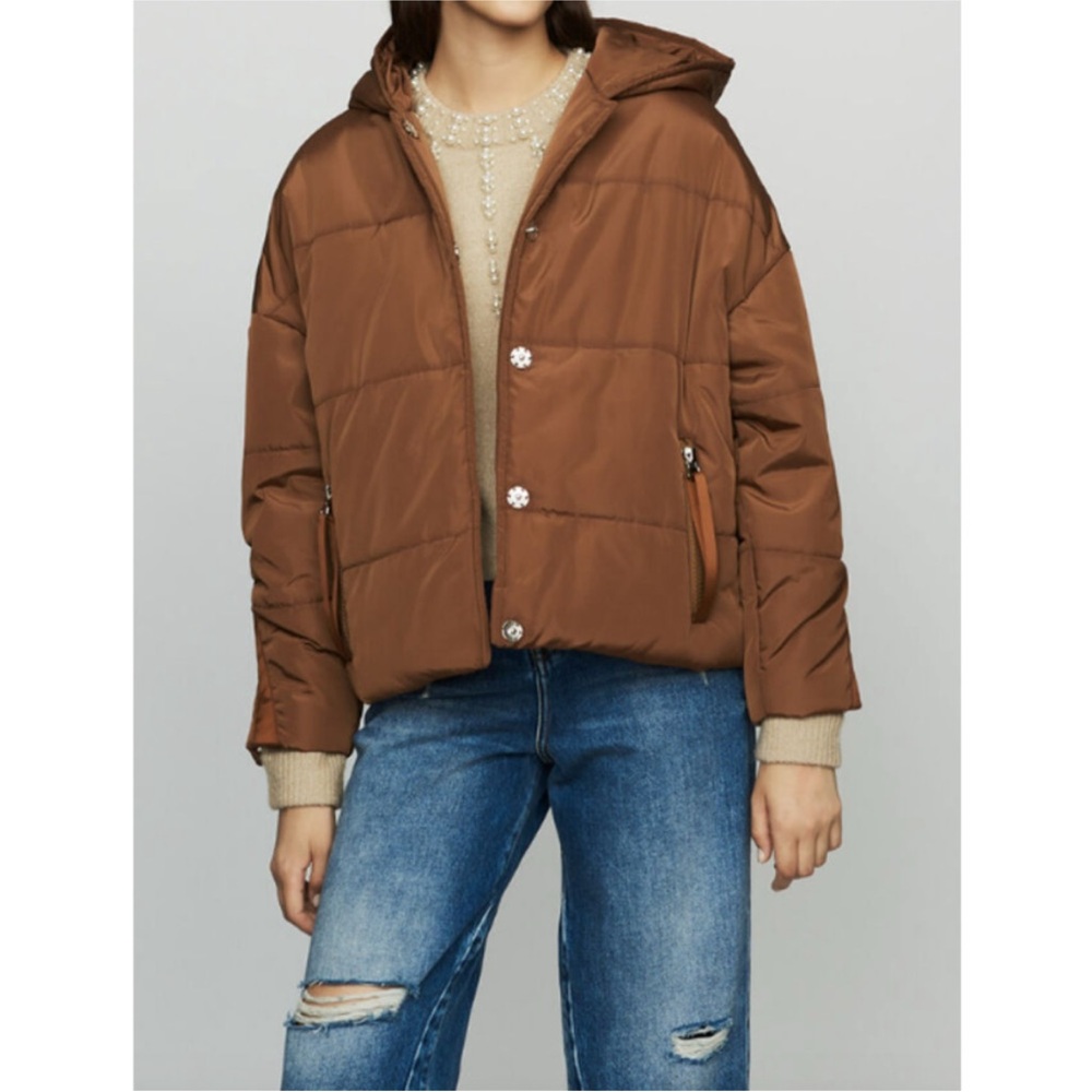 Maje Gueli Cropped Hooded Brown Puffer Coat Jacket in Caramel